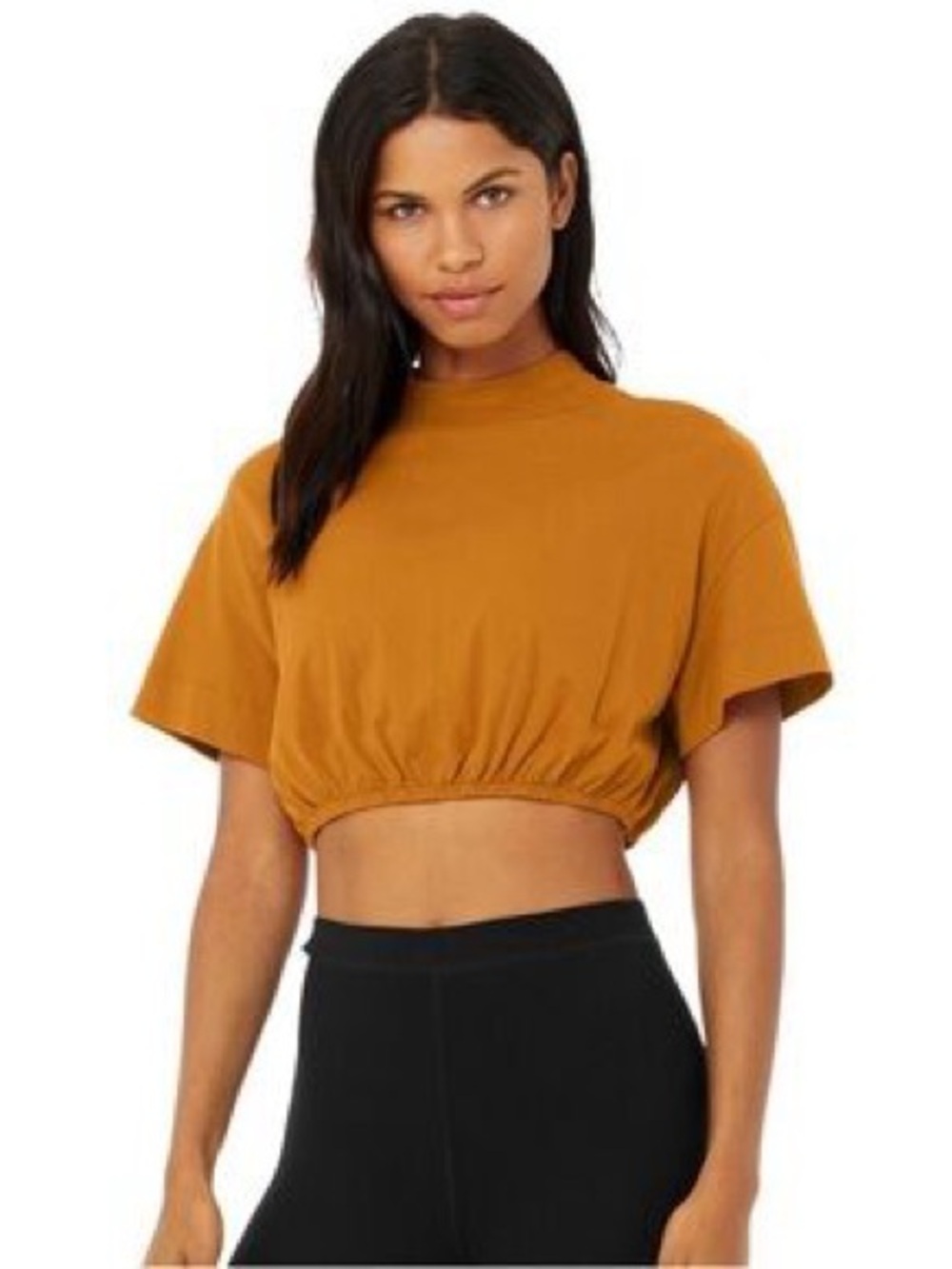 ALO Yoga Mustard Cropped Mock Neck Short Sleeve Top